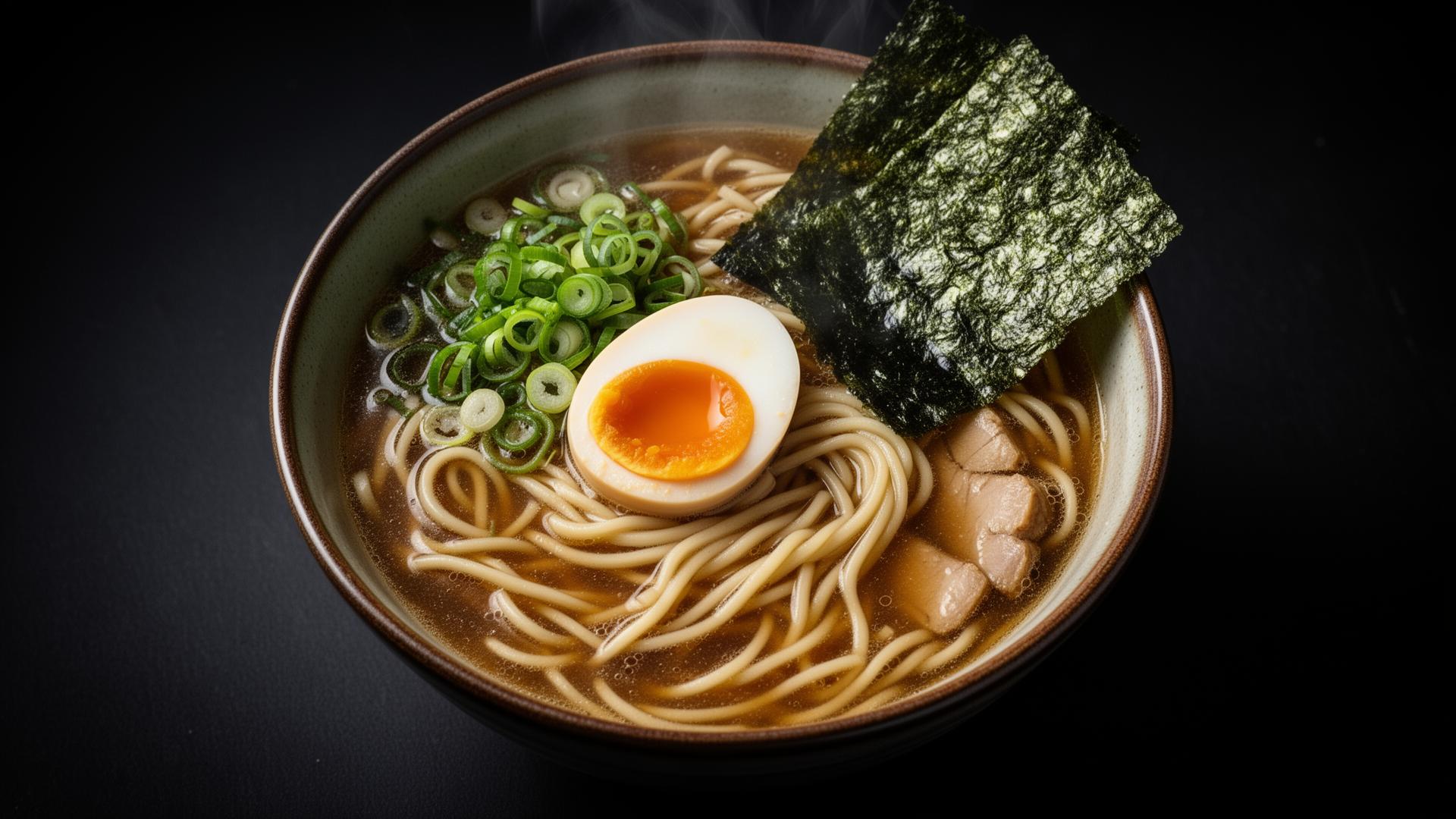 Premium Noomi Kimchi Protein Ramen bowl with egg, scallions, and chopsticks