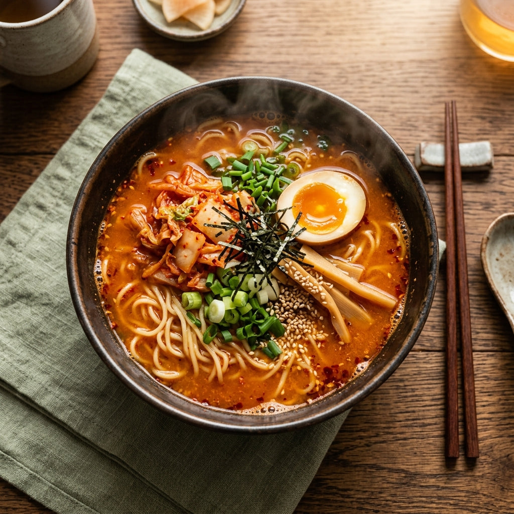 Premium Noomi Kimchi Protein Ramen bowl with egg, scallions, and chopsticks